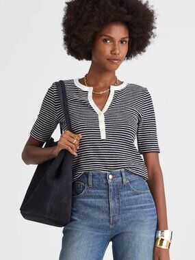 Madewell Striped Elbow-Sleeve Henley Tee in Midnight Navy